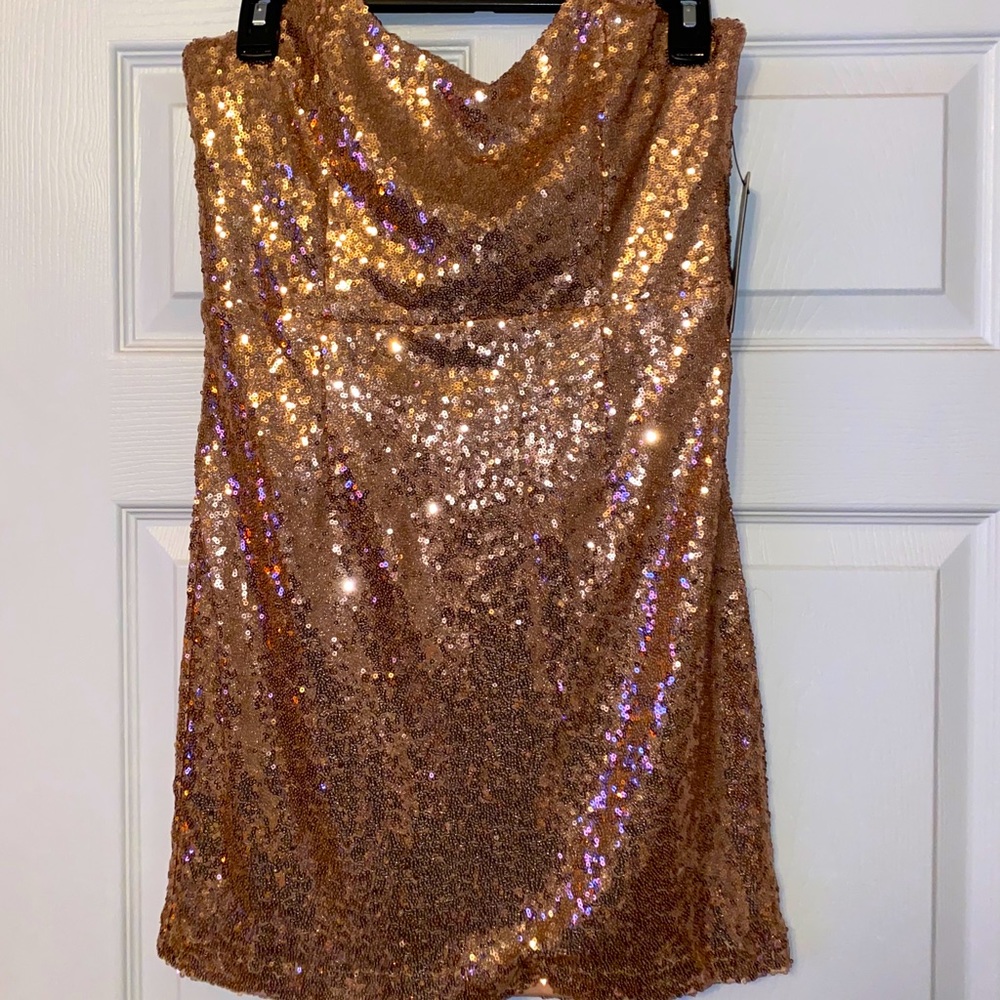 Lulu’s Shine Gold Sequin Strapless Mini Dress